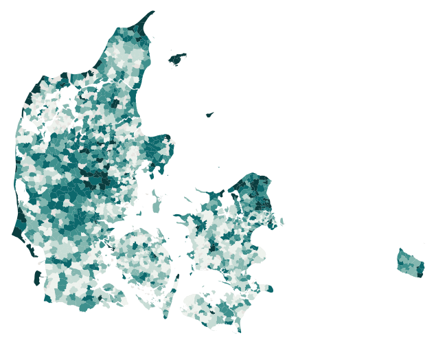 Map of ecological quality across Denmark, parish by parish