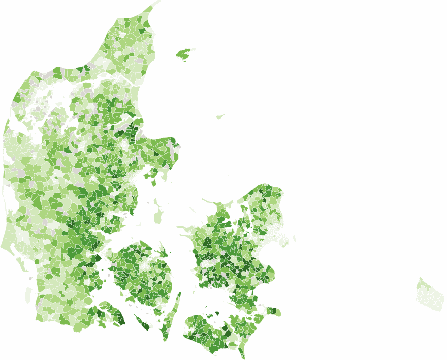 Map of Denmark shaded by satellite greenness. Farmland across Jutland and Funen shows as deep green, while coasts, dunes, heaths and city centres are paler.